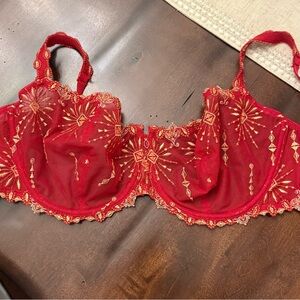Chantelle Vendome Demi Red Lace Underwire Bra with Gold Embroidery